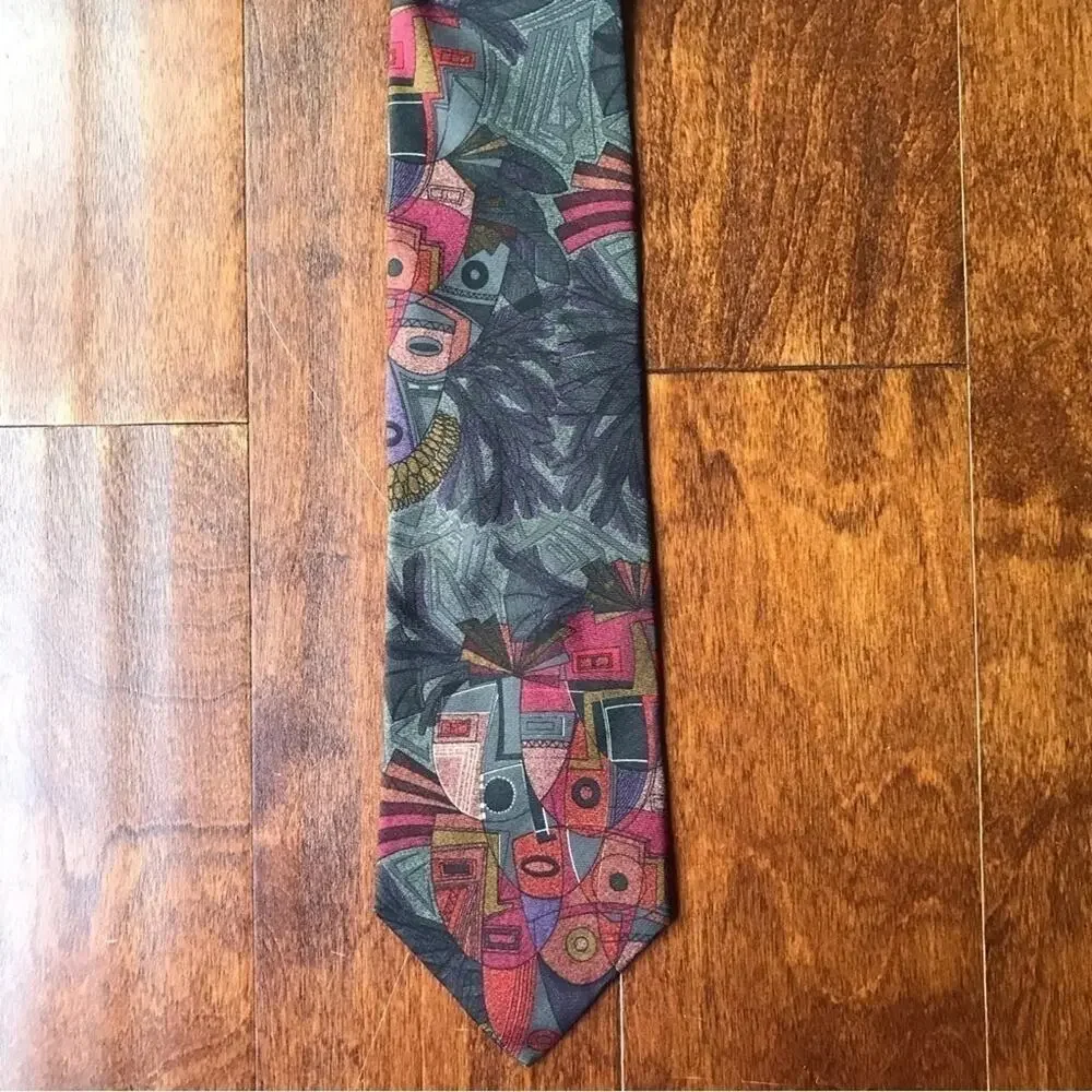 Vintage Structure Tie, Unique Dark Color Combo, Shows Abstract Masks, 100% Silk